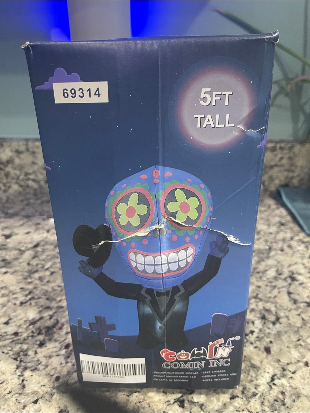 5ft Tall Blue Sugar Skull Inflatable Lawn Decoration
